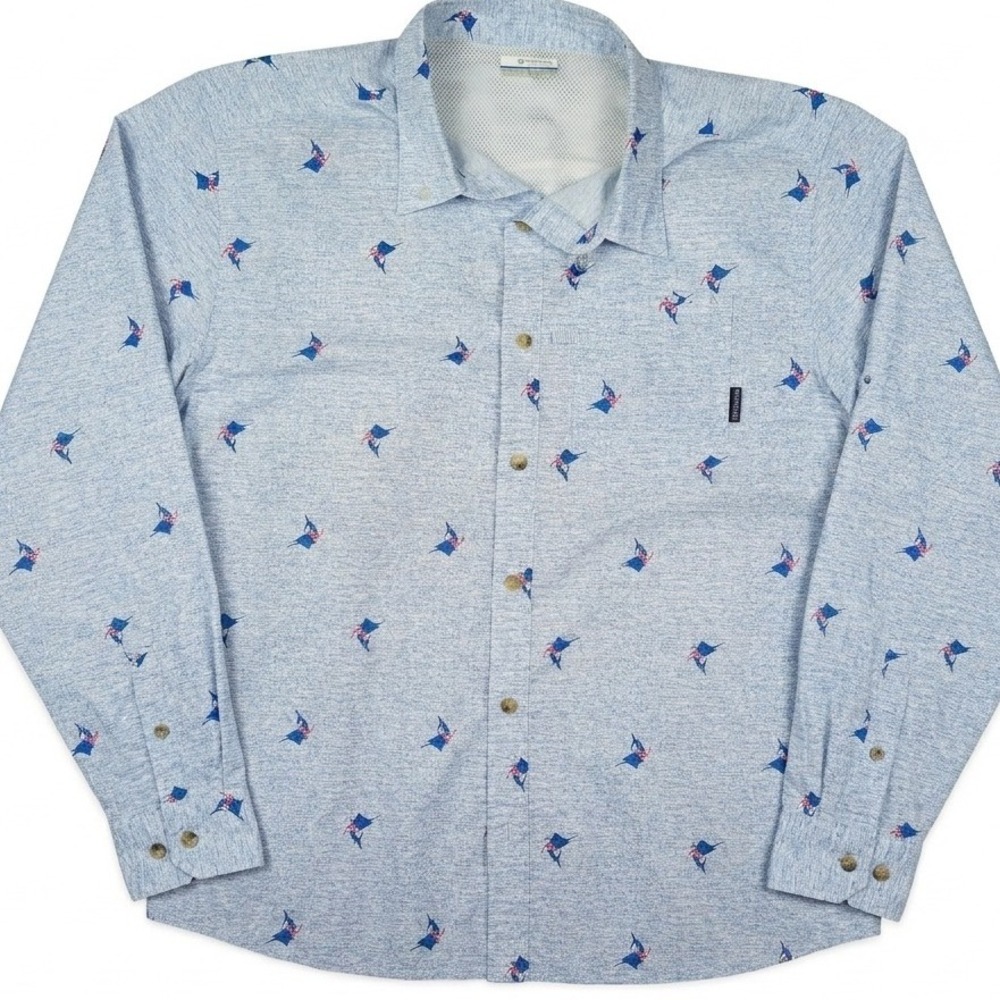 Columbia PFG Mens XL Blue Marlin‎ Print Short Sleeve Fishing Shirt Omni-Shade